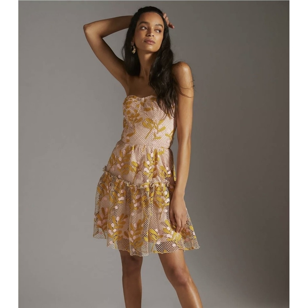 Anthropologie Eva Franco Strapless Embroidered Dress Pink Floral Mesh Mini 8
